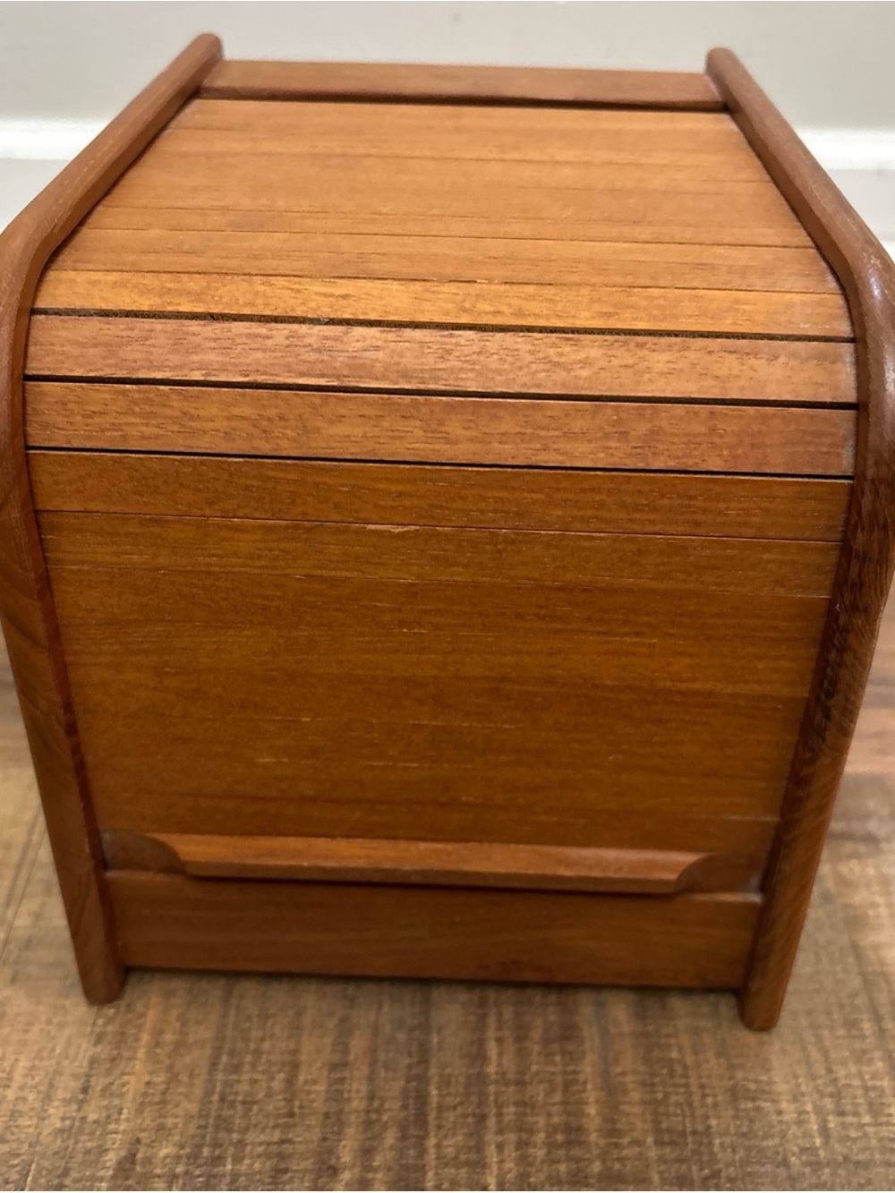 MCM Teak Tek Tambour Roll Top Storage Box Desk Top Divided Interior Mid Mod Vtg